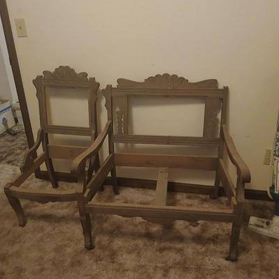 Antique carved wood furniture frames - French-style wooden armchair frame & Wedding chair style frame = Both in good condition -