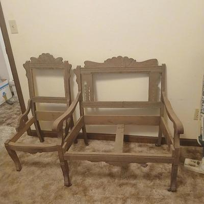 Antique carved wood furniture frames - French-style wooden armchair frame & Wedding chair style frame = Both in good condition -