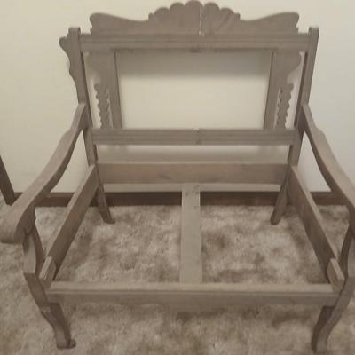 Antique carved wood furniture frames - French-style wooden armchair frame & Wedding chair style frame = Both in good condition -