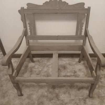 Antique carved wood furniture frames - French-style wooden armchair frame & Wedding chair style frame = Both in good condition -