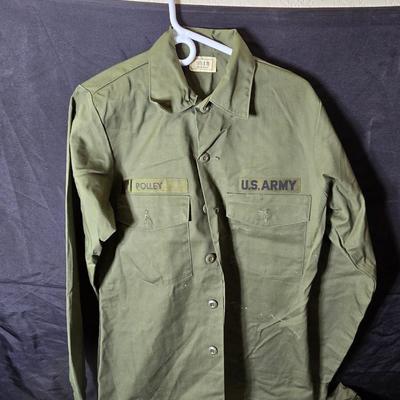 Collection of US Army OG-107 or OG-507 utility uniforms, including shirts and trousers. - See photos for size