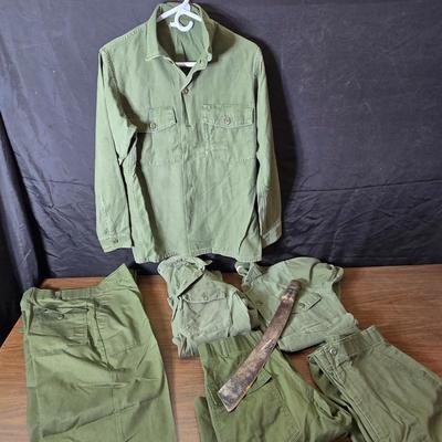 Collection of US Army OG-107 or OG-507 utility uniforms, including shirts and trousers. - See photos for size