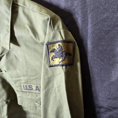 Collection of US Army OG-107 or OG-507 utility uniforms, including shirts and trousers. - See photos for size