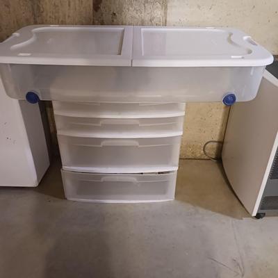 PLASTIC DRAWERS AND STORAGE TOTE ON WHEELS