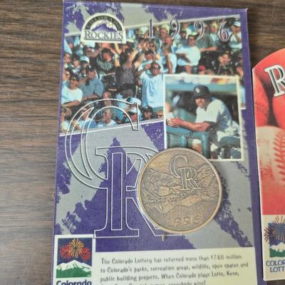 Collection of vintage Colorado Rockies memorabilia - Baseball cards - Pogs - coins- calendars and more