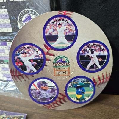 Collection of vintage Colorado Rockies memorabilia - Baseball cards - Pogs - coins- calendars and more