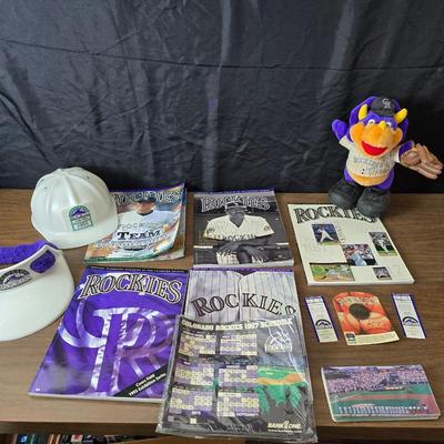 More Colorado Rockies memorabilia -Dinger Colorado Rockies mascot plush figure - hats - coins - booklets and more