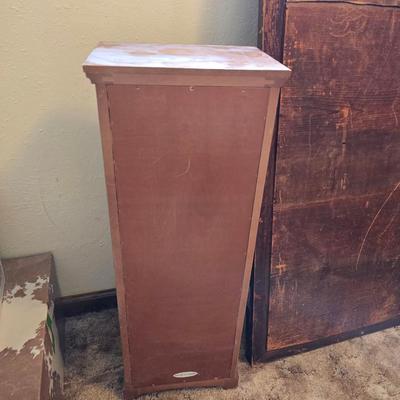 Antique wood inlay hand carved framed mirror with a small shelving unit