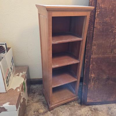 Antique wood inlay hand carved framed mirror with a small shelving unit