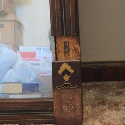 Antique wood inlay hand carved framed mirror with a small shelving unit