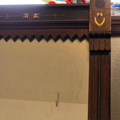 Antique wood inlay hand carved framed mirror with a small shelving unit