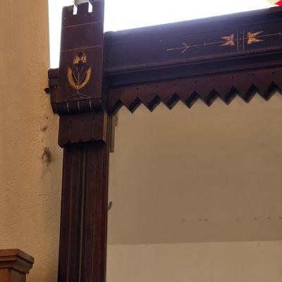 Antique wood inlay hand carved framed mirror with a small shelving unit