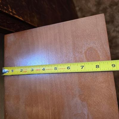 Antique wood inlay hand carved framed mirror with a small shelving unit