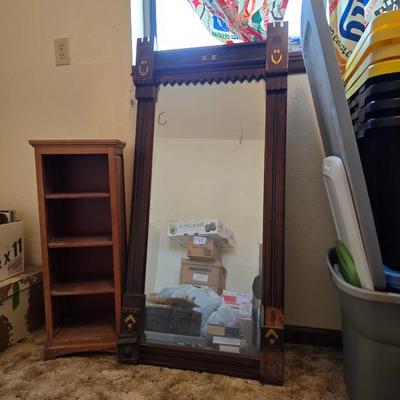 Antique wood inlay hand carved framed mirror with a small shelving unit