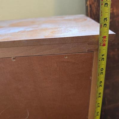 Antique wood inlay hand carved framed mirror with a small shelving unit