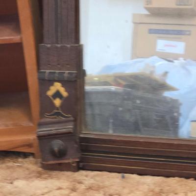 Antique wood inlay hand carved framed mirror with a small shelving unit