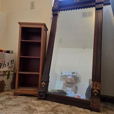 Antique wood inlay hand carved framed mirror with a small shelving unit