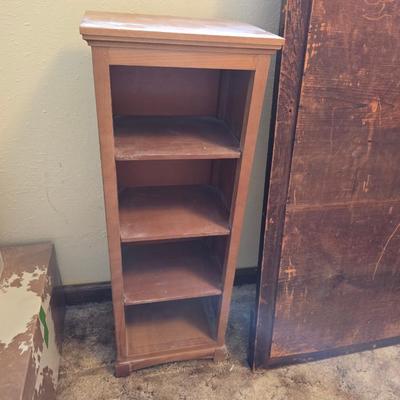 Antique wood inlay hand carved framed mirror with a small shelving unit