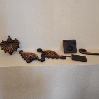 Antique wood inlay hand carved framed mirror with a small shelving unit