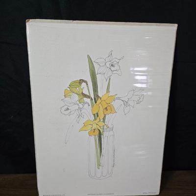 Two vintage prints featuring the "Daffodils" illustration by artist Mary Lou Goertzen with matching vases and more