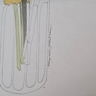 Two vintage prints featuring the "Daffodils" illustration by artist Mary Lou Goertzen with matching vases and more