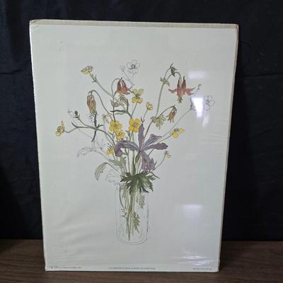 Two vintage prints featuring the "Daffodils" illustration by artist Mary Lou Goertzen with matching vases and more
