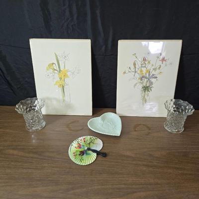 Two vintage prints featuring the "Daffodils" illustration by artist Mary Lou Goertzen with matching vases and more