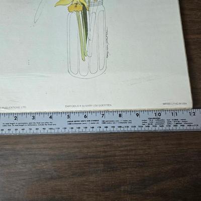Two vintage prints featuring the "Daffodils" illustration by artist Mary Lou Goertzen with matching vases and more