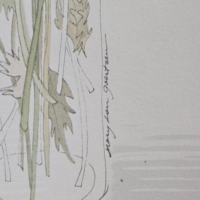 Two vintage prints featuring the "Daffodils" illustration by artist Mary Lou Goertzen with matching vases and more