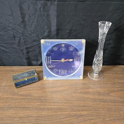 Vintage Marion Kay Masonic Desk Clock Model No. 30 Blue Lodge with etched trinket box and a vase