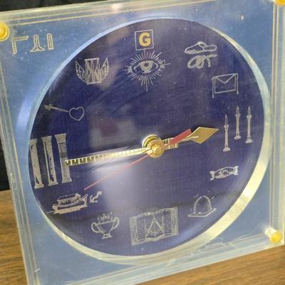 Vintage Marion Kay Masonic Desk Clock Model No. 30 Blue Lodge with etched trinket box and a vase