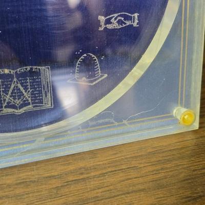 Vintage Marion Kay Masonic Desk Clock Model No. 30 Blue Lodge with etched trinket box and a vase