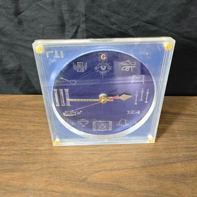 Vintage Marion Kay Masonic Desk Clock Model No. 30 Blue Lodge with etched trinket box and a vase