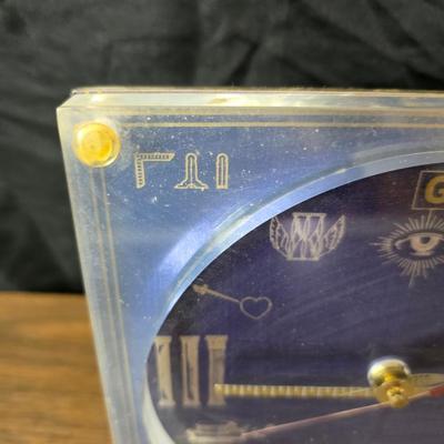 Vintage Marion Kay Masonic Desk Clock Model No. 30 Blue Lodge with etched trinket box and a vase