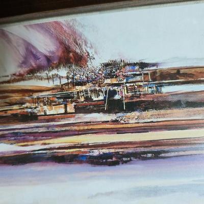 Framed artwork with a collection of pottery - and a fossil stone platter