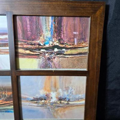 Framed artwork with a collection of pottery - and a fossil stone platter