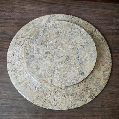 Framed artwork with a collection of pottery - and a fossil stone platter