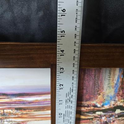 Framed artwork with a collection of pottery - and a fossil stone platter