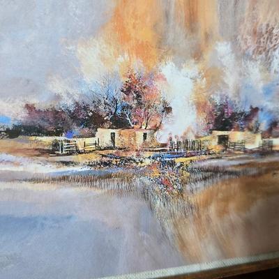 Framed artwork with a collection of pottery - and a fossil stone platter