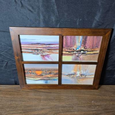 Framed artwork with a collection of pottery - and a fossil stone platter