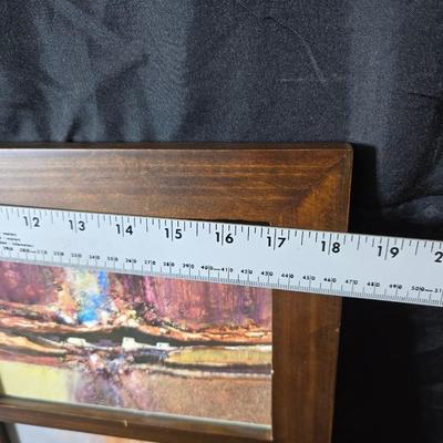 Framed artwork with a collection of pottery - and a fossil stone platter