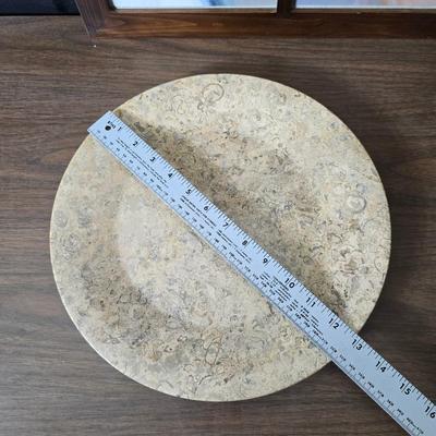 Framed artwork with a collection of pottery - and a fossil stone platter