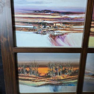 Framed artwork with a collection of pottery - and a fossil stone platter