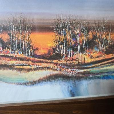 Framed artwork with a collection of pottery - and a fossil stone platter