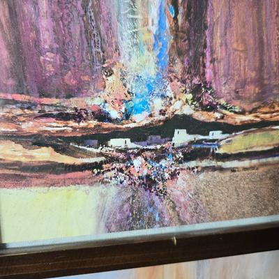 Framed artwork with a collection of pottery - and a fossil stone platter