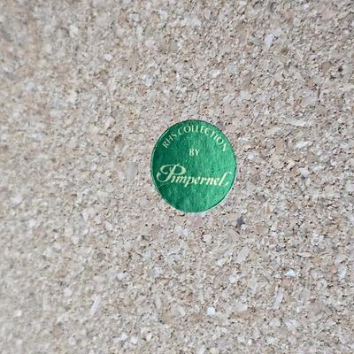 Hooker's Fruits Pimpernel cork backed placemats and matching coasters - Brass candle sticks- a tablecloth and a pottery hotplate