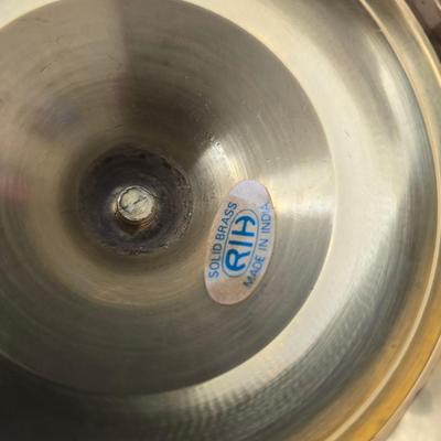 Hooker's Fruits Pimpernel cork backed placemats and matching coasters - Brass candle sticks- a tablecloth and a pottery hotplate