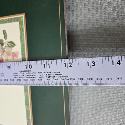 Hooker's Fruits Pimpernel cork backed placemats and matching coasters - Brass candle sticks- a tablecloth and a pottery hotplate