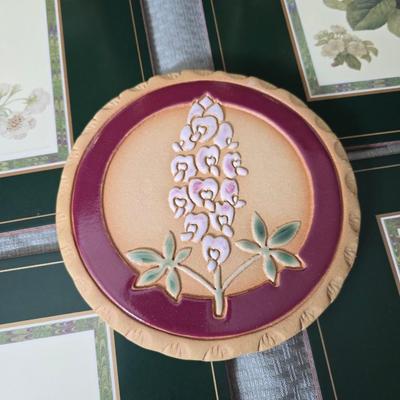 Hooker's Fruits Pimpernel cork backed placemats and matching coasters - Brass candle sticks- a tablecloth and a pottery hotplate