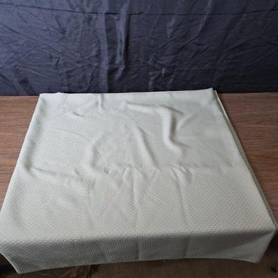 Hooker's Fruits Pimpernel cork backed placemats and matching coasters - Brass candle sticks- a tablecloth and a pottery hotplate